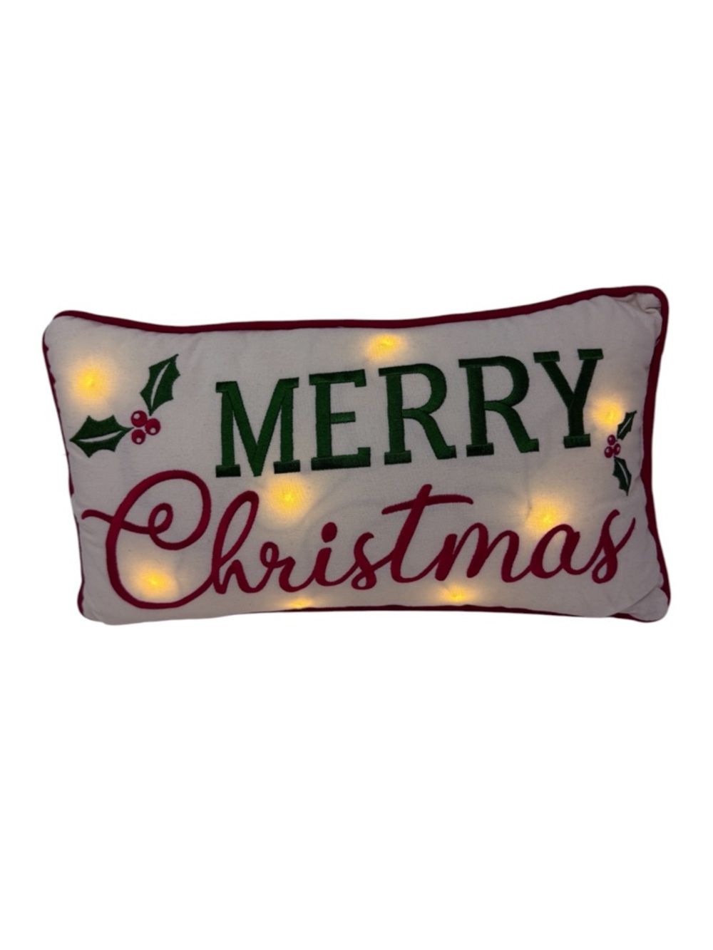 Merry Christmas Light-Up Holiday Pillow - White, Green & Red